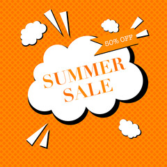Summer sale up to 50%. Background text bubble. Orange and white color.