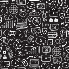 Hand drawn Doodle Internet of Things, Stock market, Cloud Computing Technology, Financial and Business Icons Vector Seamless pattern
