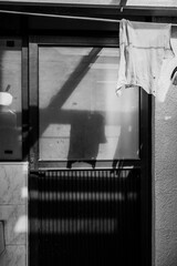 black and white interior of a bathroom