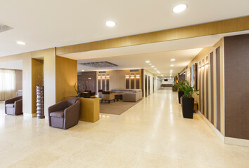 Modern minimalist interior of hotel lobby with decorations