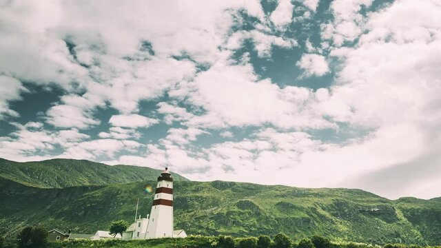 Alnesgard, Godoya, Norway. Old Alnes Lighthouse In Summer Day In Godoy Island Near Alesund Town. Alnes Fyr