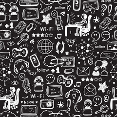 Internet of Things Background. Hand drawn Doodle Cloud Computing Technology and Social Media Icons Vector Seamless pattern

