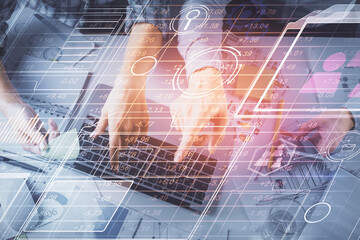 Double exposure of man and woman working together and data theme hologram drawing. Computer background. Top View.