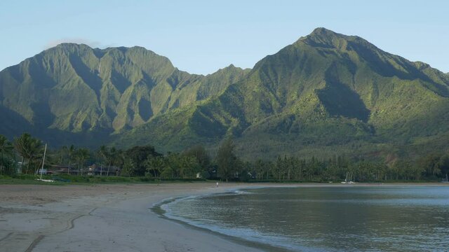 Early morning, locked down view of Hanalei Bay, Kauaii, Hawaii; includes ambient audio.