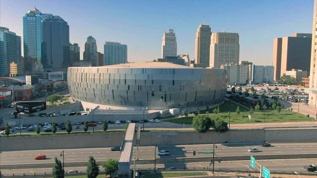 Aerial: Sprint Center concert venue. Kansas City, Missouri, USA
