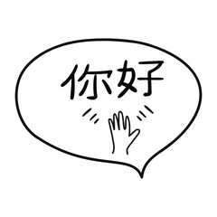 Chinese language word means hi. Waving hand sticker element says hello, good day. Vector illustration isolated on white background. Sticker elements with word in cloud nice print for any design. China