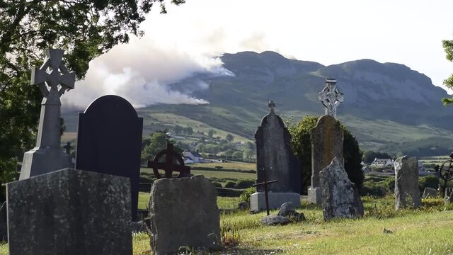 June 2020 Lordship area County Louth Ireland Cooley mountains gorse fire  view from ancient graveyard 