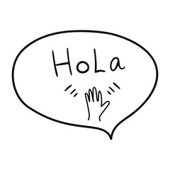 Spanish language word means hi. Waving hand sticker element says hello, good day. Vector illustration isolated on white background. Sticker elements with word in cloud nice print for any design.