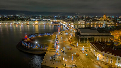Aerial view of Old Saint Petersburg Stock Exchange and Rostral Columns, St Petersburg, Russia