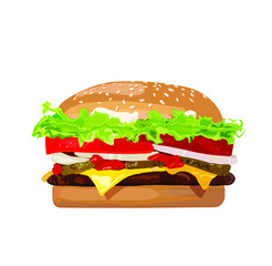 Vector Realistic Hamburger Classic Burger American Cheeseburger with Lettuce Tomato Onion Cheese Beef and Sauce Close up isolated on white Background. Fast Food in cartoon style.