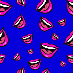 Lips pattern isolated on blue. Seamless background with glam lips. 
open mouth smiling endless picture in flat style. Cartoon concept. Modern print, fashion. Trendy 2020 colors.
