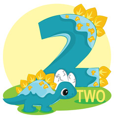 Cartoon illustration numbers with dinosaur. number two with a dino