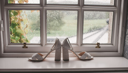 Bridal shoes in a window with rain outside and the countryside in the abckground