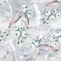 Watercolor Seamless Pattern with Delicate Branches and White Berries on Winter Background - 355052343