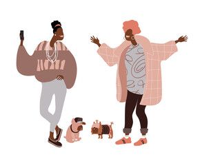 Trendy black Afro-American girlfriends on a walk with their pets take selfies for social media. Cute girls with a dogs. Vector illustration isolated on a white background in a flat & cartoon style.