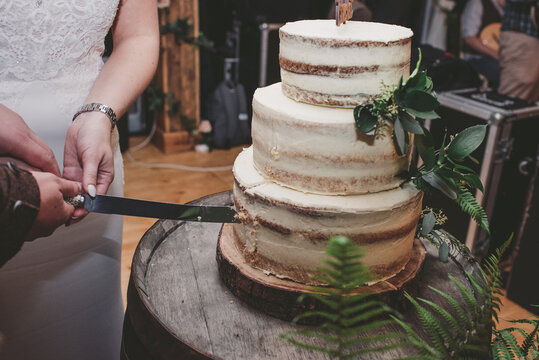 Bride and groom vut naked wedding cake