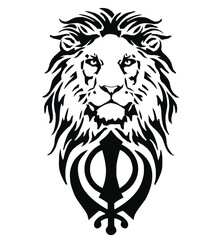 The Lion and the most significant symbol of Sikhism - Sign of Khanda, drawing for tattoo, on a white background, vector