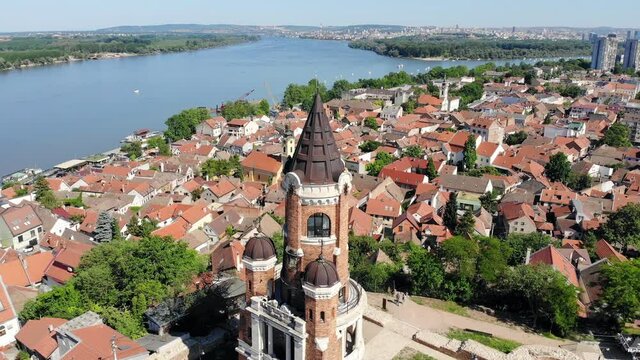 Aerial view of Gardos tower and old town Zemun, city of Belgrade, Serbia
