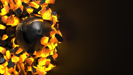 Gold-Black American Foot ball ball on cracked black hot iron wall under black background. 3D illustration. 3D high quality rendering. 3D CG.