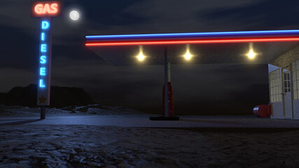 3D rendered night scene with gas station at the Arizona desert