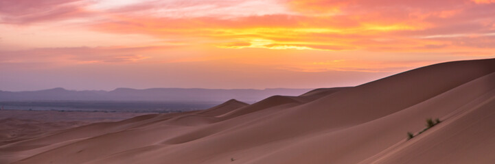 Obraz na płótnie Canvas Merzouga in the Sahara Desert in Morocco. Web banner in panoramic view.