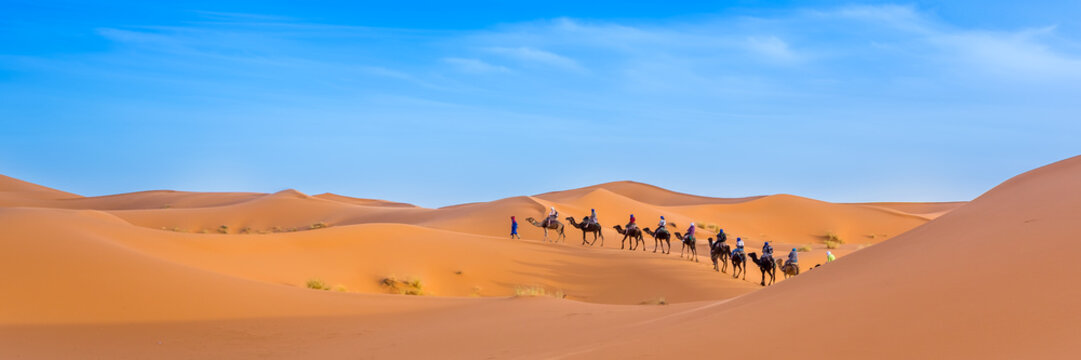 Merzouga in the Sahara Desert in Morocco. Web banner in panoramic view.