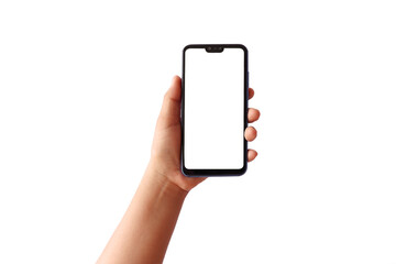 The hand is holding the white screen, the mobile phone is isolated on a white background with the clipping path.