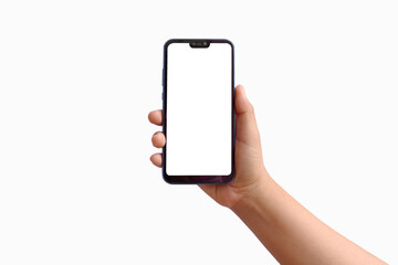 The hand is holding a smartphone with a separate white screen on a white background with the clipping path.