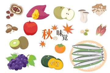 日本の秋の味覚のイラストセット