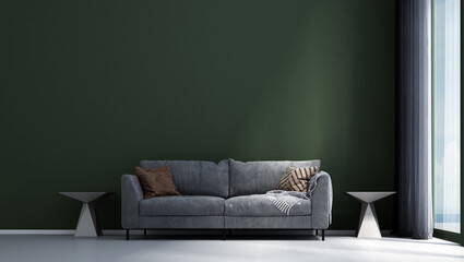 The  modern cozy interior design of living room and green wall texture background