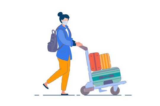 Tourist woman. Passenger person in mask carrying backpack, pushing cart with luggage suitcases during coronavirus pandemic. Woman tourist traveler cartoon character, tourism concept