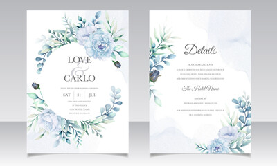 Elegant wedding invitation cards template with watercolor flower and leaves