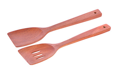 Wooden spatula and ladle on white background.