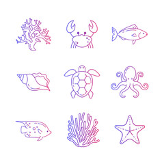 Marine Life Icons Set. White Background