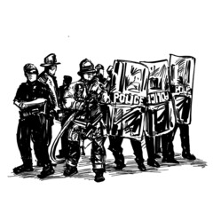 Drawing of the police is protecting from protesters in America 