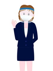 新型コロナウイルスの感染予防対策でフェイスシールドをつけているビジネスウーマンのポーズ。