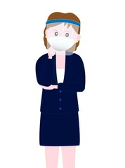 新型コロナウイルスの感染予防対策でフェイスシールドをつけているビジネスウーマンのポーズ。