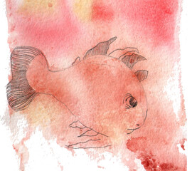 Hand drawn watercolor pink fish sketch 