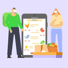 Shop online food delivery during the prevention of coronovirus. woman Buy fruits and vegetables from app delivery service.