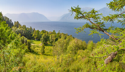Hillside forest and lake in blue haze. Sunny summer day. Travel and vacation. Altai, Siberia.