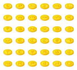World currency symbol coins set