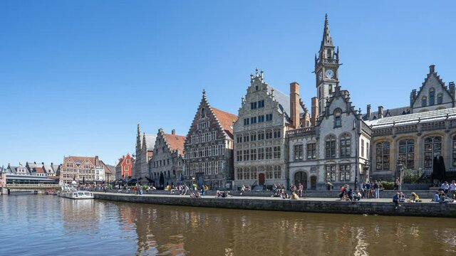 Time lapse of Ghent old town by the canal in Belgium