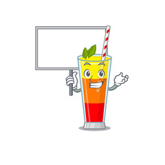 Cartoon picture of tequila sunrise cocktail mascot design style carries a board