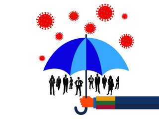 Business people vector flat illustration during Coronavirus Covid-19. Coronavirus infection control. Immune system protectio, support. 
government protection with umbrella