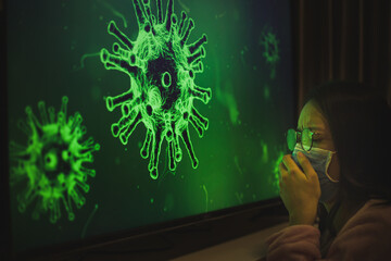 Sick woman with mask quarantine herself at home during covid-19 period, Concept of Covid-19 quarantine at home. Emotional stress and sadden of people at home during covid-19 period.