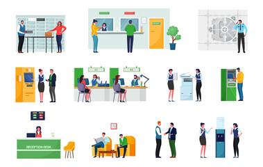 Banking staff and clients. Bank vault room with safe deposit boxes. Cashier women working at cash desk. Office reception counter with employee, manager consultant. ATM terminal. Vector design