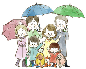 雨の日の三世代家族-水彩