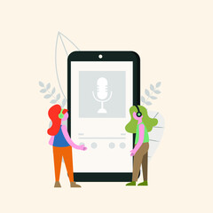 Two girls standing next to a smartphone and listening to a podcast vector illustration in flat style