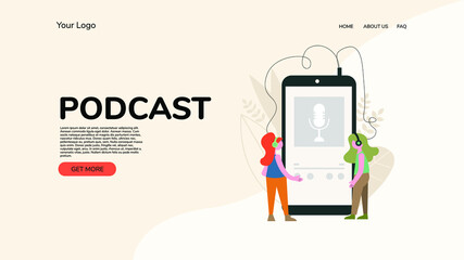 Podcast landing page vector illustration for web in flat modern style