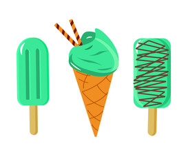 Set with peppermint ice cream. Summer vector illustration on a white background. Flat style.